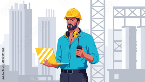 A skilled civil engineer in a hard hat holding a laptop and walkie-talkie while supervising a modern urban construction project