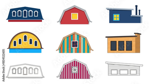 A collection of colorful and outline vector icons showing various barn, farmhouse, and agricultural building roof designs