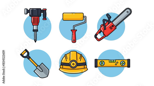 A collection of colorful construction equipment and building tool icons. Vector illustration set featuring a helmet, shovel, and power tools for repair and industry work