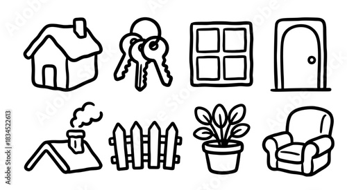 Hand Drawn Doodle Home and Real Estate Vector Illustration Icon Set for Property Design