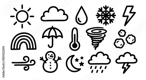 Charming Hand-Drawn Doodle Weather Icons Vector Illustration Collection for Forecasts and Climate.
