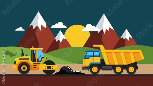 Heavy machinery including a road roller and dump truck paving a new asphalt highway through a scenic mountain landscape illustration