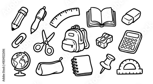 Hand-drawn School Supplies Vector Illustration Set for Education and Back to School Designs