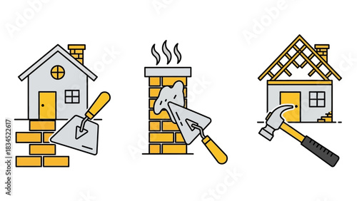 A collection of icons for home improvement and construction, depicting the process of building a house, chimney, and roof