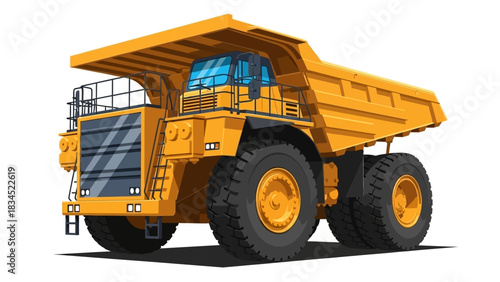 Vector illustration of a large yellow heavy duty dump truck used for mining and construction. Industrial haul truck graphic on a white background