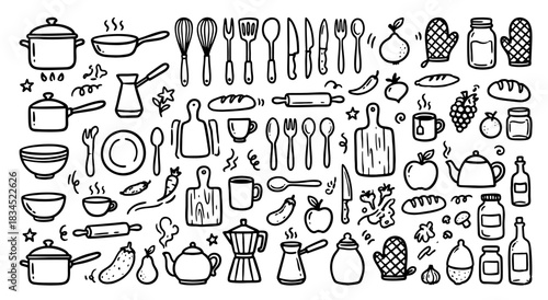 Cute Hand-Drawn Doodle Kitchenware Vector Illustration Set with Cooking Tools and Food Icons.