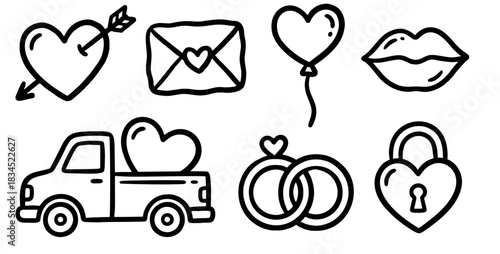 Hand Drawn Doodle Valentines Day Love Icons Vector Illustration Set Featuring Romantic Elements