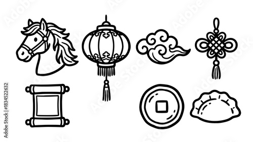 Hand Drawn Chinese New Year Culture Doodle Vector Illustration Icon Set