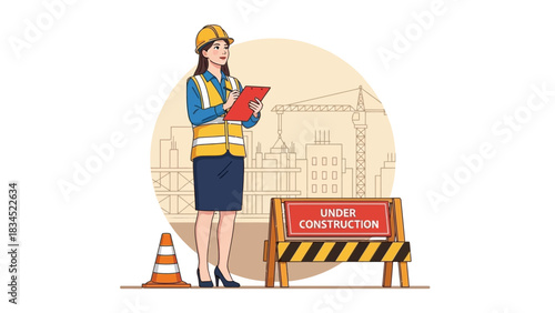 A female civil engineer in a hard hat and safety vest inspects a building project at a construction site with a crane in the background