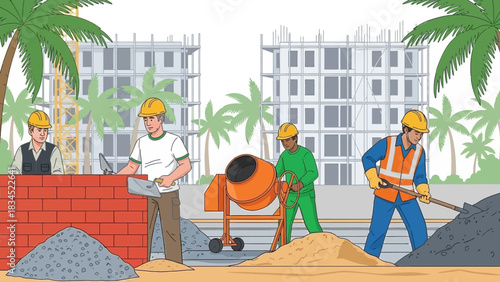 Diverse team of construction workers building a new residential complex with palm trees in the background vector illustration