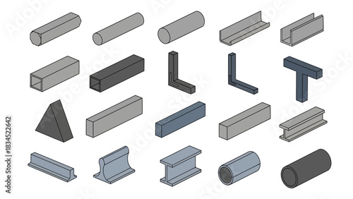 Isometric set of various metal profiles and steel shapes, showcasing structural beams, bars, and tubes for construction