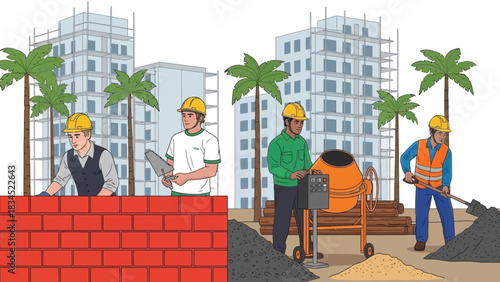 Industrial construction scene with a team of laborers building a brick wall and mixing concrete for a future development