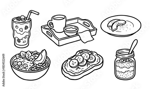 Hand-drawn vector doodle illustrations of healthy breakfast food with thick black outlines.