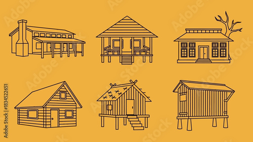 A collection of various traditional and rustic house icons. Vector illustration set of different architectural building styles