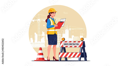 A female construction site manager in a safety helmet and vest reviews project plans on a clipboard for urban infrastructure development