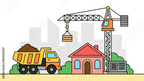 Urban construction site with a tower crane building a new house and a dump truck carrying soil against a city skyline