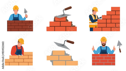 Vector illustration set of builders and masons at work, showing the process of constructing brickwork with cement and trowels