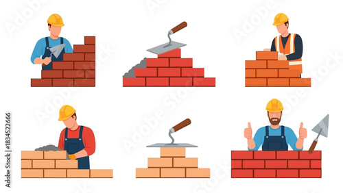 A collection of cartoon construction worker characters in various poses. Professional bricklayer mason building a brick wall with tools