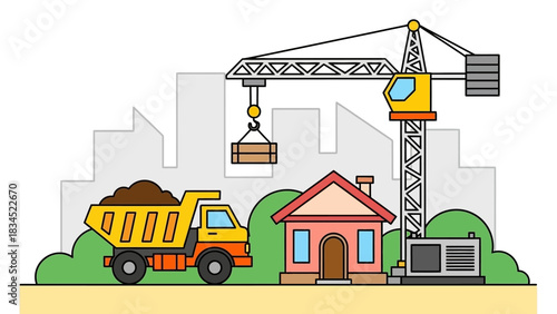 Conceptual illustration of an urban residential development project, featuring a construction site with a tower crane and dump truck