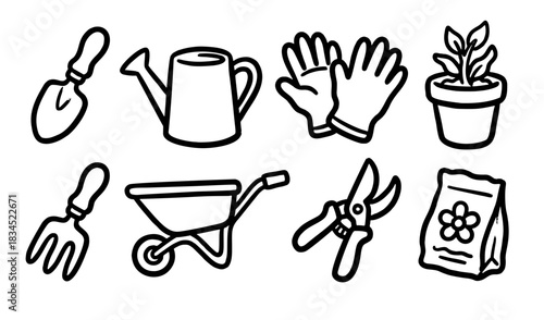 Hand-Drawn Doodle Gardening Tools Vector Illustration Set - Essential Garden Equipment Icons Collection