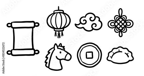 Charming Hand-Drawn Chinese Cultural Icons Doodle Vector Illustration Set for Lunar New Year