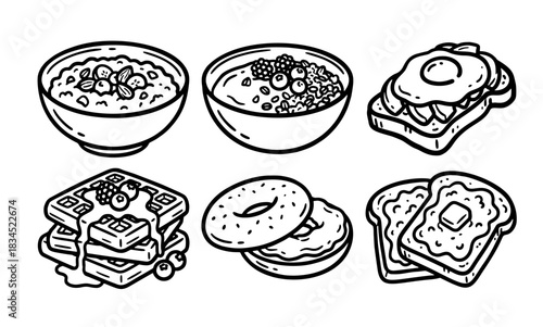 Doodle Breakfast Food Vector Illustration Set: Hand-Drawn Morning Meal Icons Collection