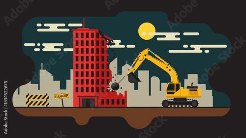 Heavy excavator with a wrecking ball demolishing a city building at night for an urban renewal project, a flat vector illustration concept for 2026