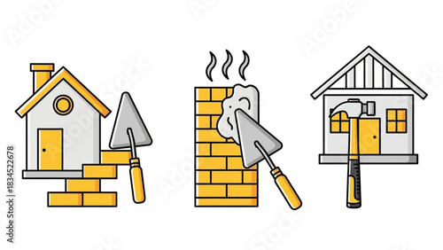 Set of linear icons for construction services, including masonry, wall finishing, and home renovation with tools like trowel and hammer