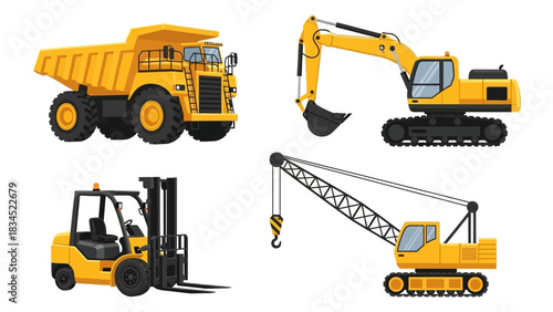 Collection of heavy yellow industrial machinery featuring a construction site excavator, mining dump truck, warehouse forklift, and lifting crane