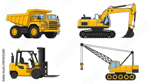 Set of yellow heavy construction machinery illustrations, including dump truck, excavator, forklift, and crane vector icons