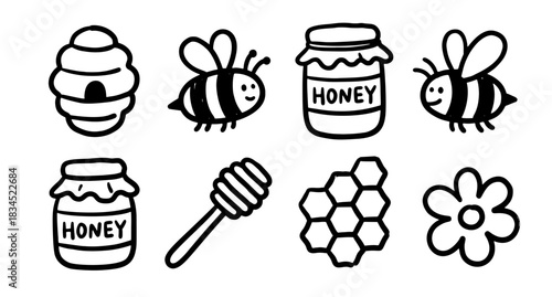 Cute Hand Drawn Doodle Honey Bee Vector Illustration Icon Set with Nature Elements.