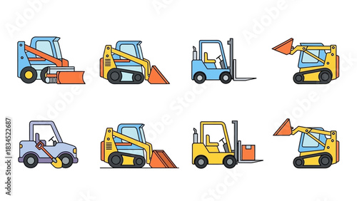 Set of colorful construction machinery and industrial vehicle icons. Vector illustrations of a forklift, skid steer loader, snowplow, and excavator