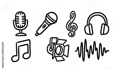Hand Drawn Music and Audio Vector Icon Set. Doodle Style Illustration Graphic Design Collection.