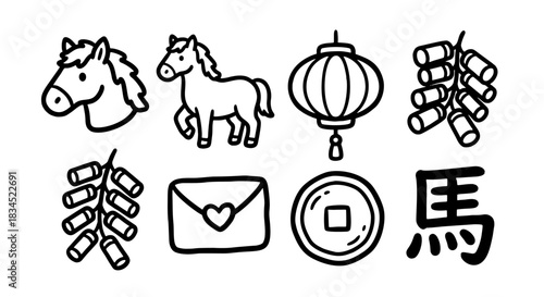 Chinese New Year vector illustration icon set featuring hand drawn doodle horse and festive elements
