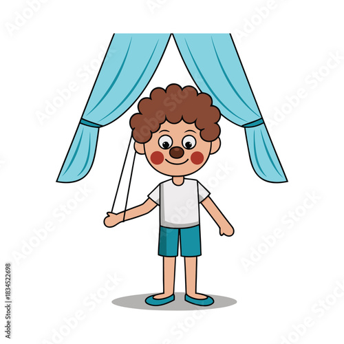 Cartoon Clown Performing Behind Blue Curtains, Circus Entertainment