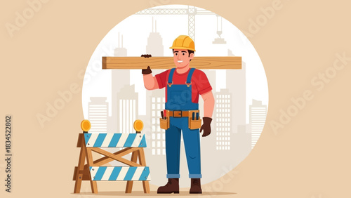 Professional construction worker in a hard hat carrying a wooden plank on a city building site for a future development project