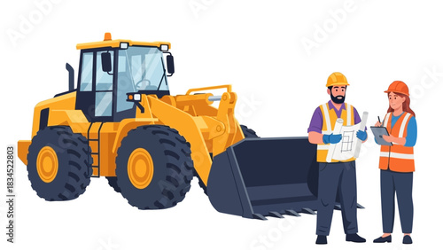 Two construction industry professionals, a male and female engineer, collaborating on building plans with a wheel loader