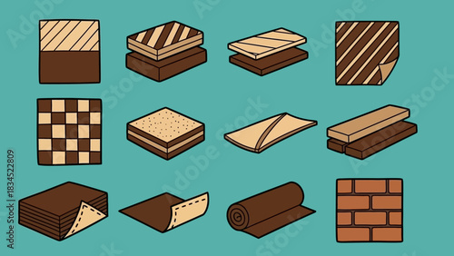 Set of isometric icons representing various materials and textures. A collection of vector illustrations showing layered patterns, fabric, and surfaces
