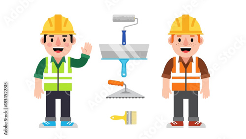 A team of two friendly construction workers in hard hats with a set of plastering and painting tools for renovation projects