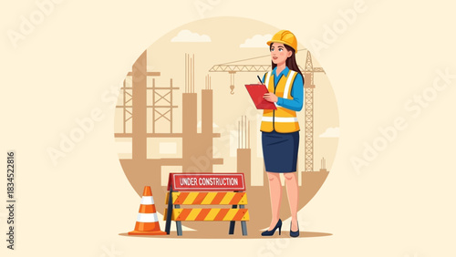 A confident female engineer supervising a building site, illustrating project management and planning for urban infrastructure growth