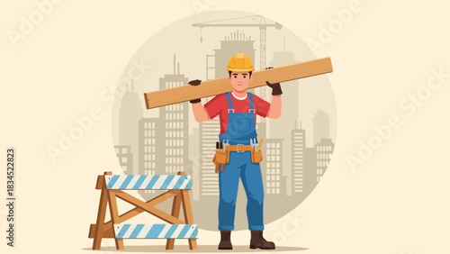 A professional construction worker in a hard hat carries a wooden plank, symbolizing urban development and building projects against a city skyline