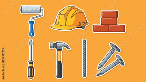 A colorful collection of cartoon construction tool stickers for building and repair projects. Vector illustrations of a helmet, hammer, and nails