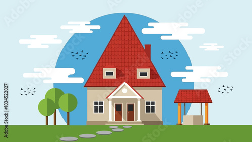 Modern flat design vector illustration of a quaint country house with a steep red roof, a water well, and a lush green lawn for a real estate concept