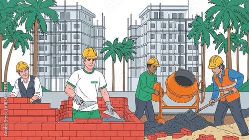Construction workers and bricklayers building a new residential housing development in a tropical city with palm trees