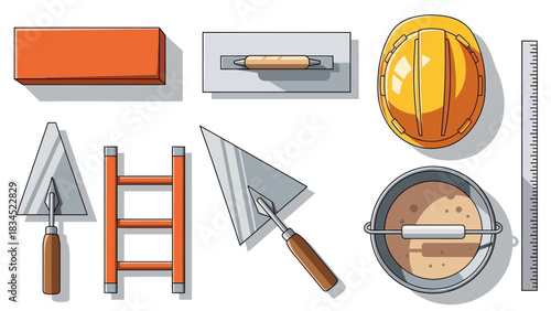 A flat lay collection of essential builder and masonry tools illustrated in a clean vector style for construction projects