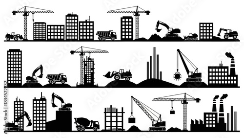 Set of vector silhouette banners showing industrial construction sites, city building development, and urban skylines with heavy machinery