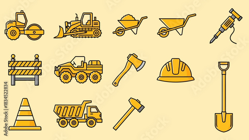 A comprehensive set of construction industry icons, illustrating heavy machinery, manual labor tools, and safety equipment for building projects