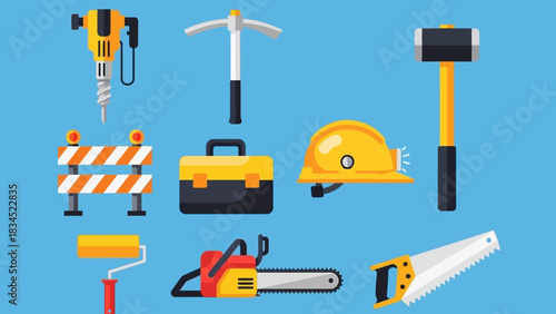 Vector illustration set of essential construction and building tools for repair, renovation, and industrial projects