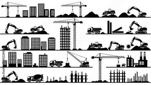 A versatile set of vector silhouettes depicting urban development, industrial construction machinery, and future city building progress