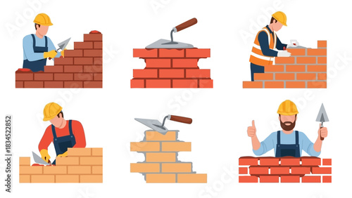 Collection of vector illustrations showing professional bricklayers at work. Cartoon construction workers and masons building brick walls with mortar and trowels